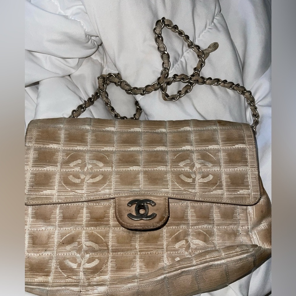 Chanel Timeless Travel Line flap bag beige woven fabric silver hardware